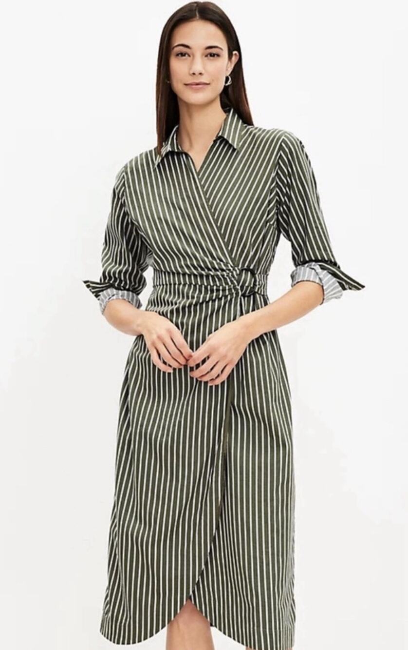 LOFT Striped Wrap Midi Shirtdress 6 petite Capsule Workwear career designer NWT